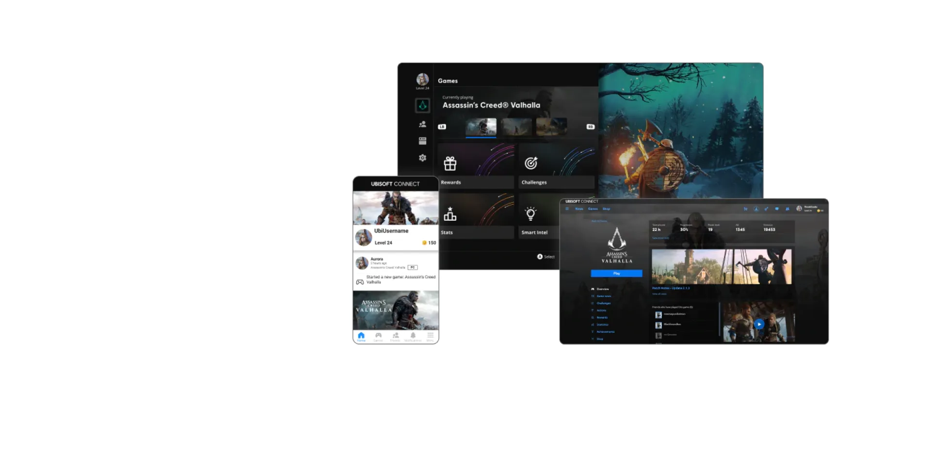 Three screenshots of the Ubisoft connect app: mobile, console, and web.